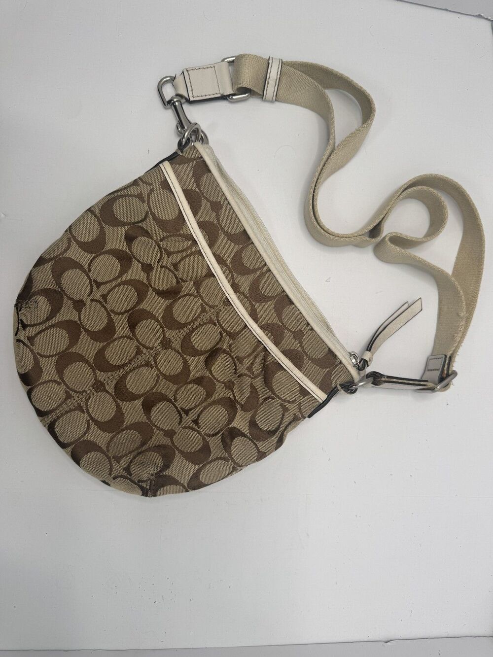 Coach Signature Jacquard Crossbody Swingpack Khaki Tan Leather Trim